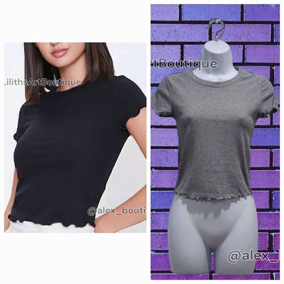 Forever 21 Ribbed Lettuce Edge Croptop Tee(L018)-Size S for Women - Picture 1 of 8